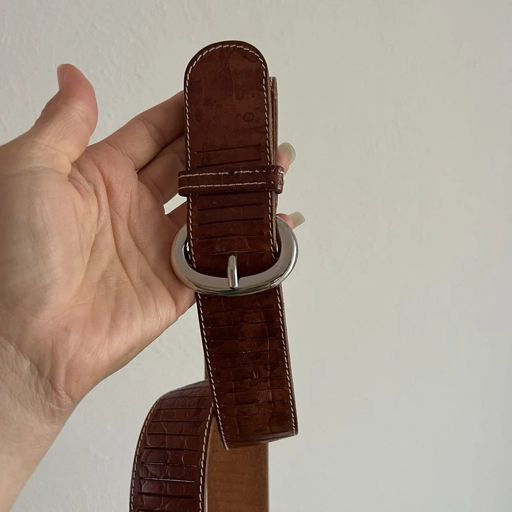 Vtg 90s Ann Taylor Brown Leather Croc Embossed Belt Silver Buckle Size Small